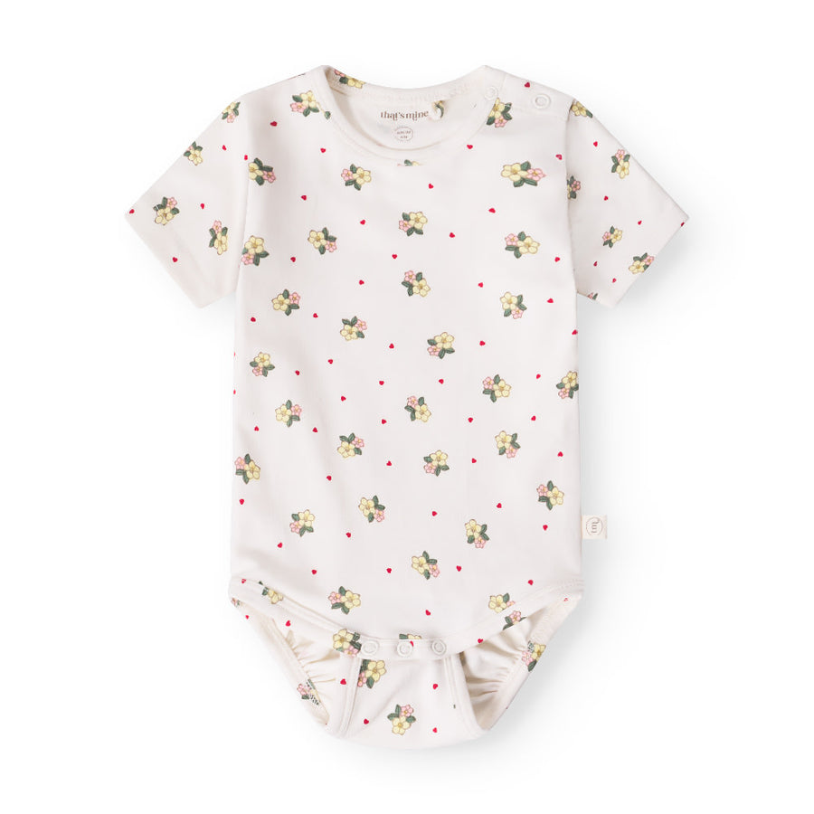 That's Mine Ellis SS bodystocking - Sweetheart Petals - 48% Organic cotton / 47% Modal / 5% Elastane Buy Bodystockings||Undertøj||personale||Basics here.